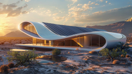 A futuristic sustainable house featuring curved architecture and solar panels, set against a serene desert landscape during sunset, showcasing innovation and harmony with nature.の素材