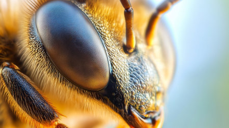 Captivating close-up of a honey bee, revealing stunning eye detail and textures. Ideal imagery for natural science and ecology themes in design.の素材