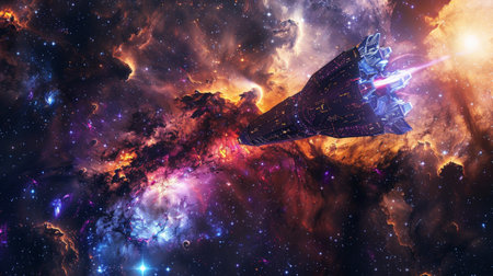 An awe-inspiring spacecraft moves through vibrant cosmic clouds, showcasing the beauty of the universe. Perfect for themes of exploration and science.の素材