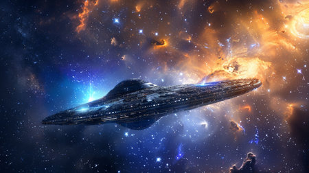 This captivating image features a futuristic spaceship gliding through a vibrant galaxy filled with swirling colors and shining stars, evoking a sense of sci-fi adventure.の素材