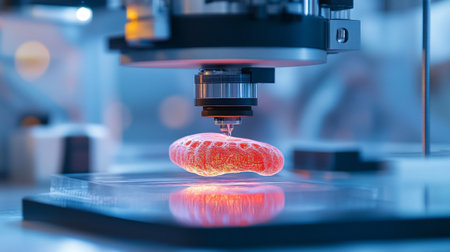 Explore the cutting-edge bioprinting process showcasing intricate designs created with high-tech equipment. Experience the intersection of technology, science, and innovation.の素材