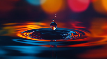 A stunning close-up of a water drop creating ripples against a vibrant bokeh background. The interplay of light and colors adds depth and artistry.の素材