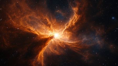 Breathtaking cosmic explosion showcases a fiery nebula with bright stars. This stunning celestial view evokes wonder about the vast universe and its mysteries.の素材