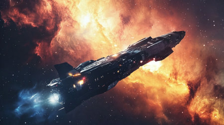 A stunning futuristic spacecraft glides through a colorful cosmic nebula, showcasing vibrant colors and atmospheric brilliance in the vast universe.の素材