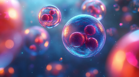 Vibrant abstract illustration featuring colorful cellular structures in motion, highlighting the beauty of biology and the intricate details of life at a microscopic level.の素材