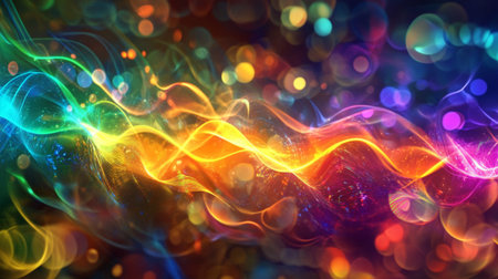 An artistic representation of colorful abstract waves of light with a beautiful bokeh effect. This design features vibrant colors and dynamic motion, creating an enchanting atmosphere.の素材