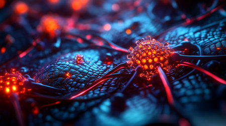Vibrant and detailed abstract representation of glowing cells interconnected by intricate structures, symbolizing the complexity of biological systems in a modern, artistic style.の素材