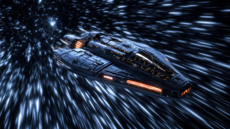 A stunning futuristic spaceship glides through a vibrant cosmic environment, showcasing the beauty of space travel and adventure in a colorful galaxy.の素材