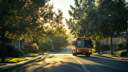 A vibrant yellow school bus travels down a serene residential street in the early morning light, surrounded by lush trees and a peaceful neighborhood setting.の素材