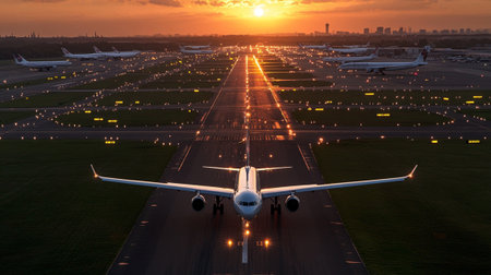 An airplane approaches the runway against a backdrop of a breathtaking sunset, illuminating the airport with vibrant colors and reflections.の素材
