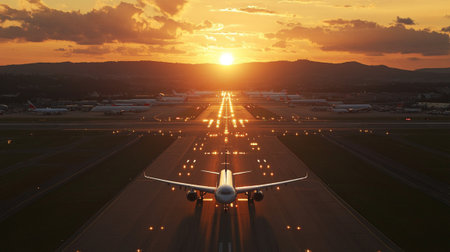 An airplane prepares for takeoff on a runway at sunrise, with a stunning array of colors in the sky. This serene scene captures the essence of travel and exploration.の素材