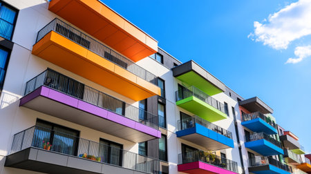 Explore a vibrant urban scene showcasing modern apartments adorned with colorful balconies under a clear blue sky, highlighting contemporary design and urban lifestyle.の素材