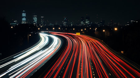 A stunning view of nighttime highway traffic with vibrant light streaks and a bustling city skyline in the background, capturing the essence of urban energy.の素材