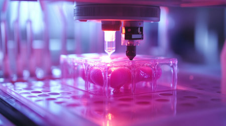 A vibrant close-up image showcasing a cutting-edge laboratory setup featuring a clear petri dish under a probe, illuminated with purple light.の素材