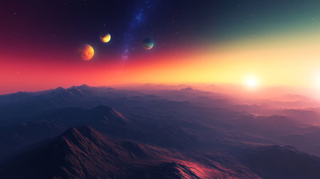 A breathtaking cosmic landscape featuring distant planets against a vibrant dusk sky. The scene captures a harmonious blend of colors, offering a serene view of an alien environment.の素材
