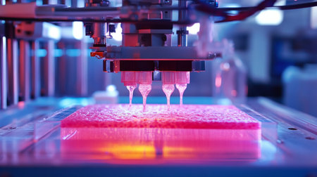 Explore the world of advanced 3D printing technology as colorful liquid materials are expertly extruded in a modern laboratory setting, showcasing innovation and precision.の素材