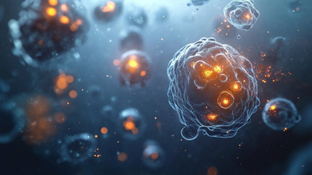 An abstract digital representation of microscopic cells illuminated with glowing effects. This captivating image conveys the beauty of biology and the intricacies of life at a cellular level.の素材