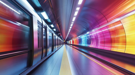 A visually striking underground subway station featuring vibrant colors and dynamic light trails. This image captures the essence of urban transportation and energy.の素材