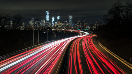 A breathtaking nighttime view of a city skyline featuring stunning light trails from busy traffic on a highway. The urban landscape showcases modern architecture and vibrant city life.の素材