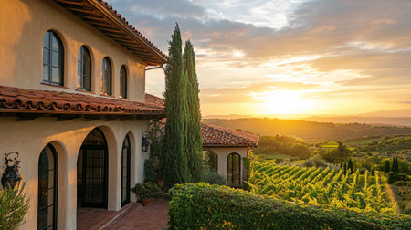 A stunning view of a charming house nestled in a vineyard at sunset. This picturesque scene captures the beauty of nature, architecture, and tranquility.の素材