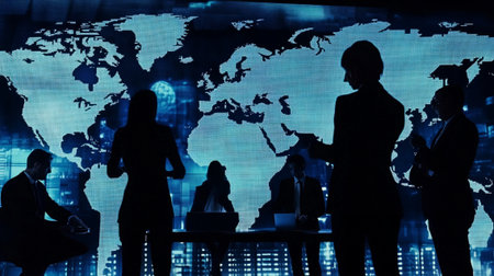 A diverse business team collaborates in silhouette against a digital world map backdrop, showcasing global connections and innovative strategies in a corporate environment.の素材