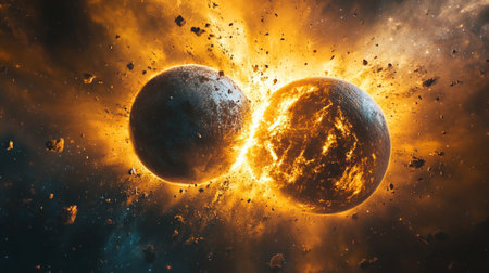 A breathtaking scene of two celestial bodies colliding in a dramatic explosion, showcasing vivid colors and dynamic energy in the vast universe.の素材