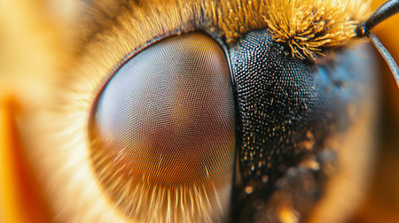 Captivating macro shot of a bee's eye showcasing intricate surface patterns and textures, highlighting nature's beauty and complexity in pollination.の素材