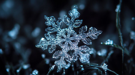 A close-up view of an intricate ice crystal snowflake, showcasing its unique design and delicate beauty against a serene winter background. Perfect for seasonal themes.の素材