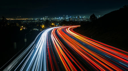 This stunning nighttime cityscape captures vibrant light trails from moving traffic, showcasing the beauty of urban life with a dynamic skyline in the background.の素材