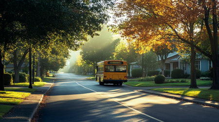 A vibrant yellow school bus travels down a tranquil street surrounded by autumn trees, capturing the essence of a peaceful morning in a suburban neighborhood.の素材