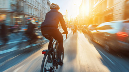 An urban cyclist navigates a busy city street at sunset, embodying the essence of city life and the thrill of biking in motion amid a vibrant atmosphere.の素材