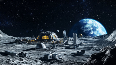 A stunning view of a futuristic lunar base on the moon's surface with Earth visible in the background, set against a vast, starry space. The landscape showcases advanced technology and exploration elements, inviting imagination and wonder.の素材