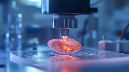 High-tech microscope capturing detailed analysis of organic material in a modern lab setting, showcasing the intersection of technology and scientific research.の素材