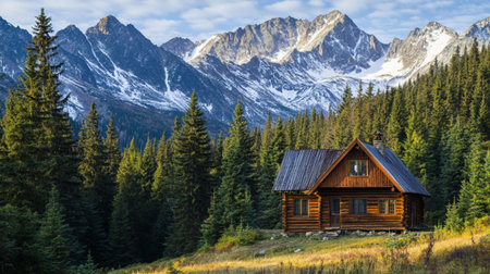 A charming wooden cabin nestled in vibrant evergreen trees, set against majestic mountain peaks. This stunning landscape captures the essence of tranquility and the great outdoors.の素材