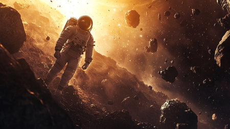 An astronaut stands amidst a breathtaking asteroid field, surrounded by cosmic wonders and the vast emptiness of space. The scene captures adventure and isolation in the universe.の素材