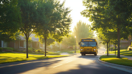 A school bus travels down a tranquil neighborhood street bathed in warm morning sunlight. Lush trees line the road, creating a picturesque backdrop of childhood journeys.の素材