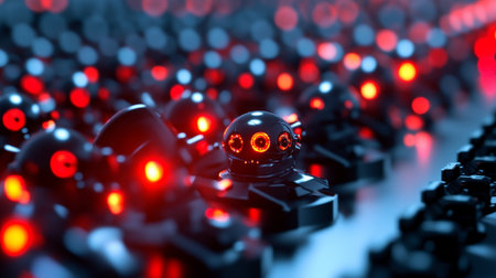 A visually striking image of futuristic robots with glowing red eyes, set in a high-tech environment. The sleek design emphasizes innovation and technology.の素材