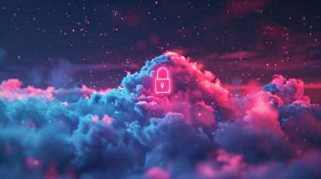 This vibrant image features colorful clouds surrounding a digital lock icon, symbolizing data security and privacy in a modern digital landscape. Perfect for technology-related themes.の素材