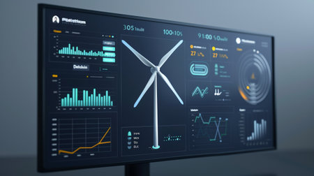 Detailed data visualization showcasing wind turbine metrics and analytics on a monitor, illustrating renewable energy solutions and performance insights.の素材