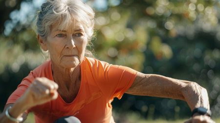 Joyful senior woman engages in outdoor exercise, showcasing strength and vitality. Her bright sportswear reflects an active lifestyle dedicated to health and wellness.の素材