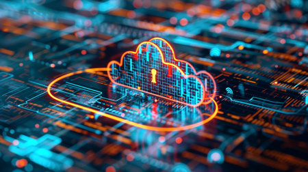 This image showcases a digital representation of cloud security, featuring a cloud with locks and circuit board patterns, emphasizing data protection in technology.の素材