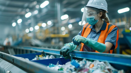 An employee in safety gear sorts recyclable materials at a waste management facility. The process highlights the importance of recycling and environmental sustainability.の素材