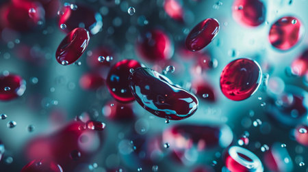 Explore the mesmerizing movement of red blood cells suspended in liquid. This abstract representation captures the beauty of biology and the dynamics of life.の素材