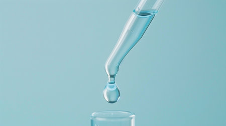 A clear drop of water elegantly falls from a glass pipette into a lab beaker. The serene blue background emphasizes the purity and clarity of the water, showcasing laboratory precision in scientific research.の素材