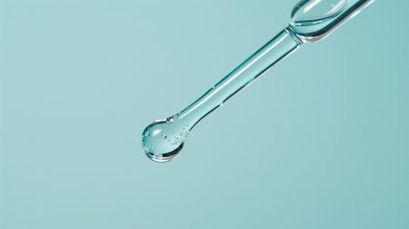 A close-up image of a clear liquid droplet poised on the tip of a glass pipette. The soft blue background adds a calming element, perfect for scientific and medical themes.の素材