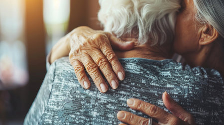 A heartfelt moment showcasing a warm embrace between a daughter and her elderly mother. This touching scene captures the essence of love, connection, and support between generations in soft, natural light.の素材