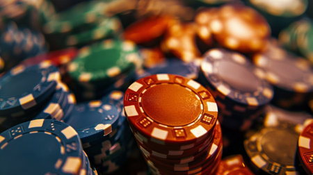 This image features a vibrant collection of casino chips stacked closely together, showcasing a blur of color and texture that captures the essence of gambling excitement.の素材