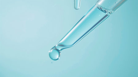 A close-up image featuring a pipette releasing a single drop of clear water against a soft blue background. Ideal for themes of purity and laboratory science.の素材