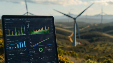 Close-up of a laptop displaying colorful data analytics with wind turbines in the background, showcasing the intersection of technology and renewable energy.の素材