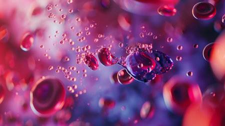 A vivid abstract image showcasing blood cells and bubbles in dynamic motion. The vibrant colors and intricate textures create a captivating visual experience related to science and health.の素材